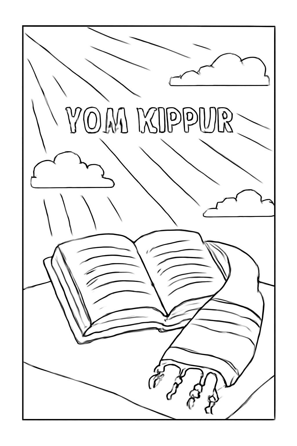Free printable peaceful Yom Kippur scene with open prayer book tallit and soft rays of light coloring page