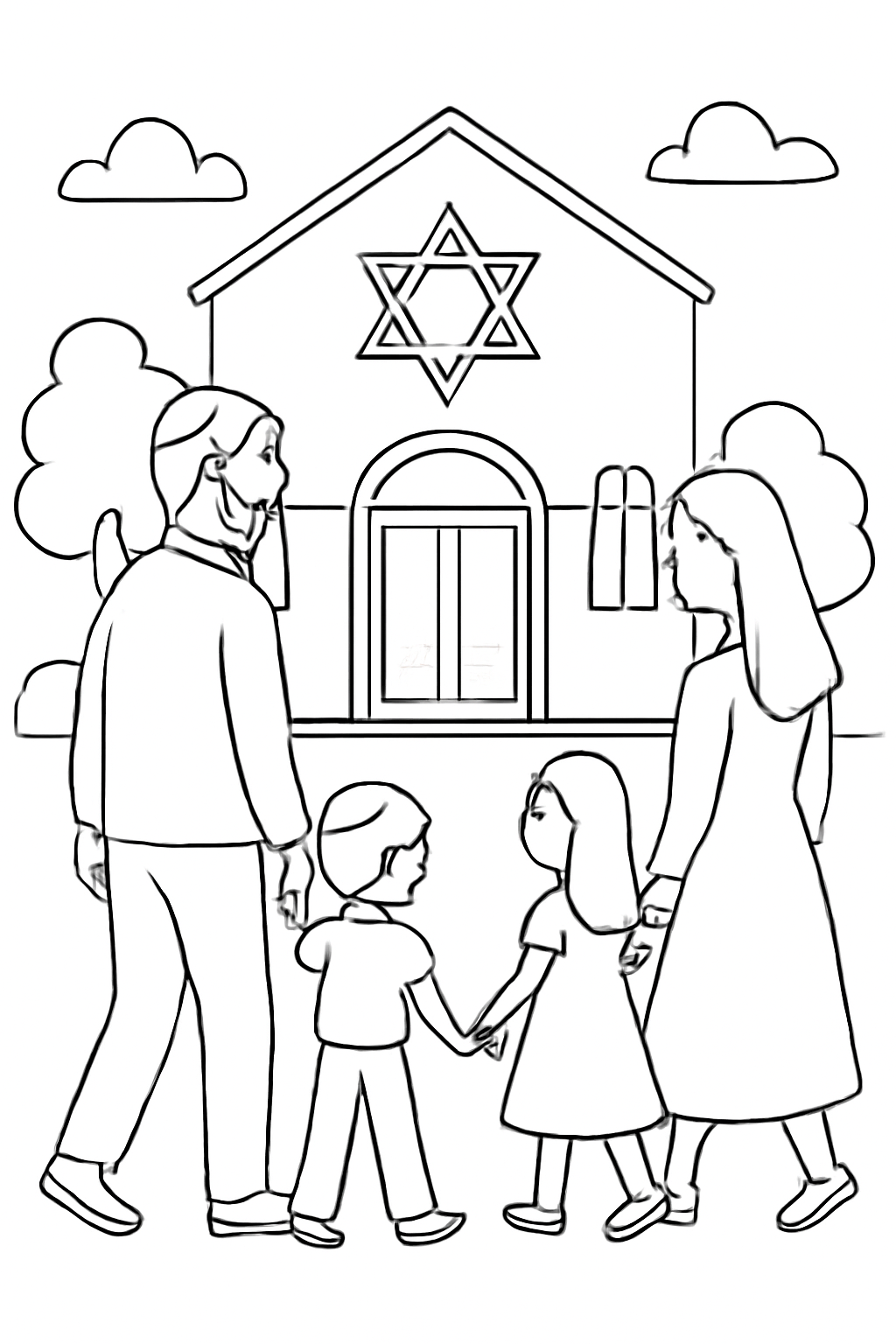 Free printable family walking quietly to synagogue on Yom Kippur coloring page for kids