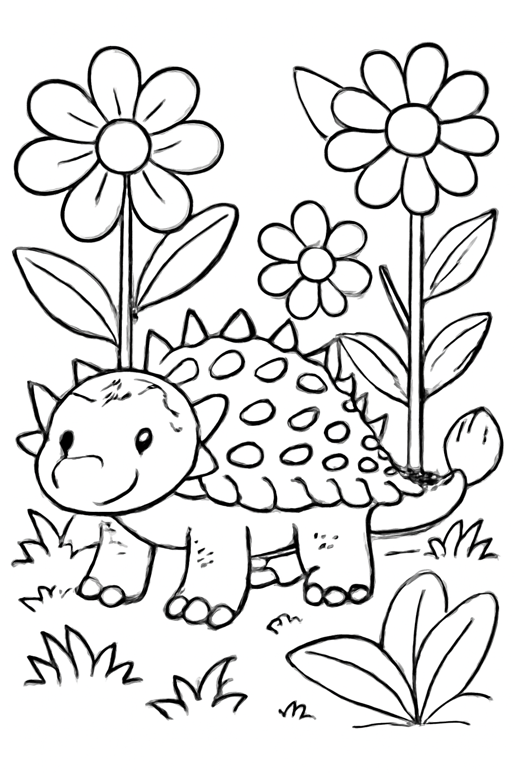 Free printable ankylosaurus beside giant flowers coloring page for kids