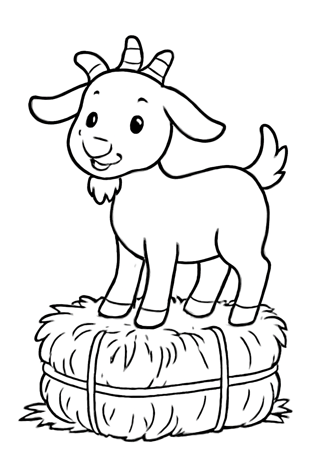 Free printable goat standing on a hay bale coloring page for kids