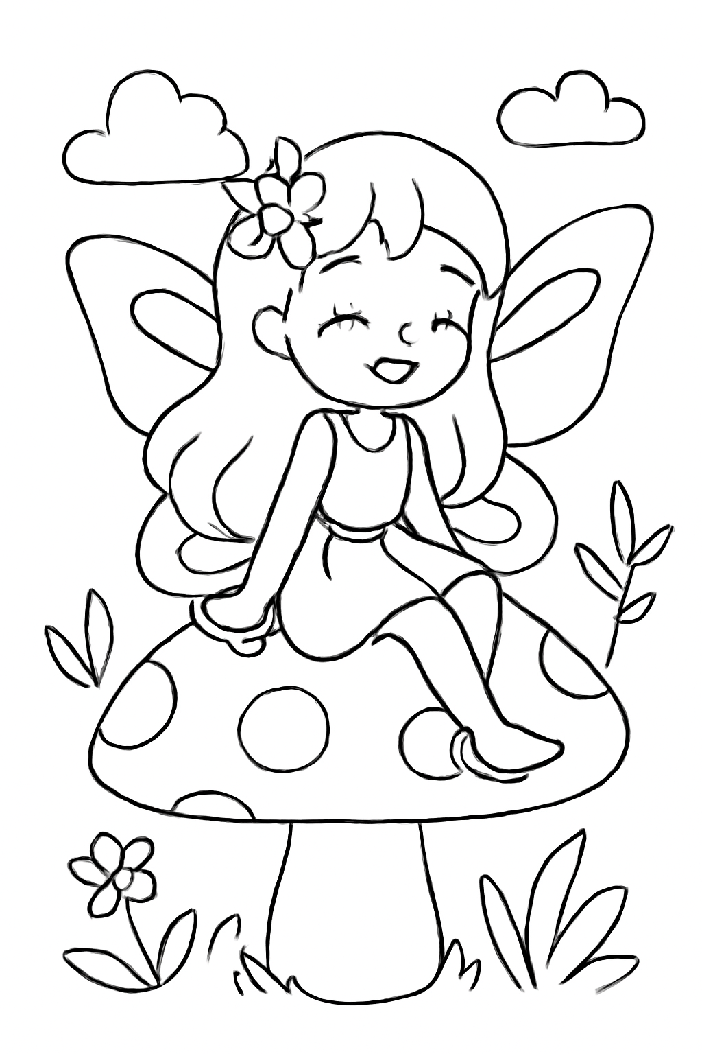 Free printable fairy sitting on a mushroom coloring page for kids