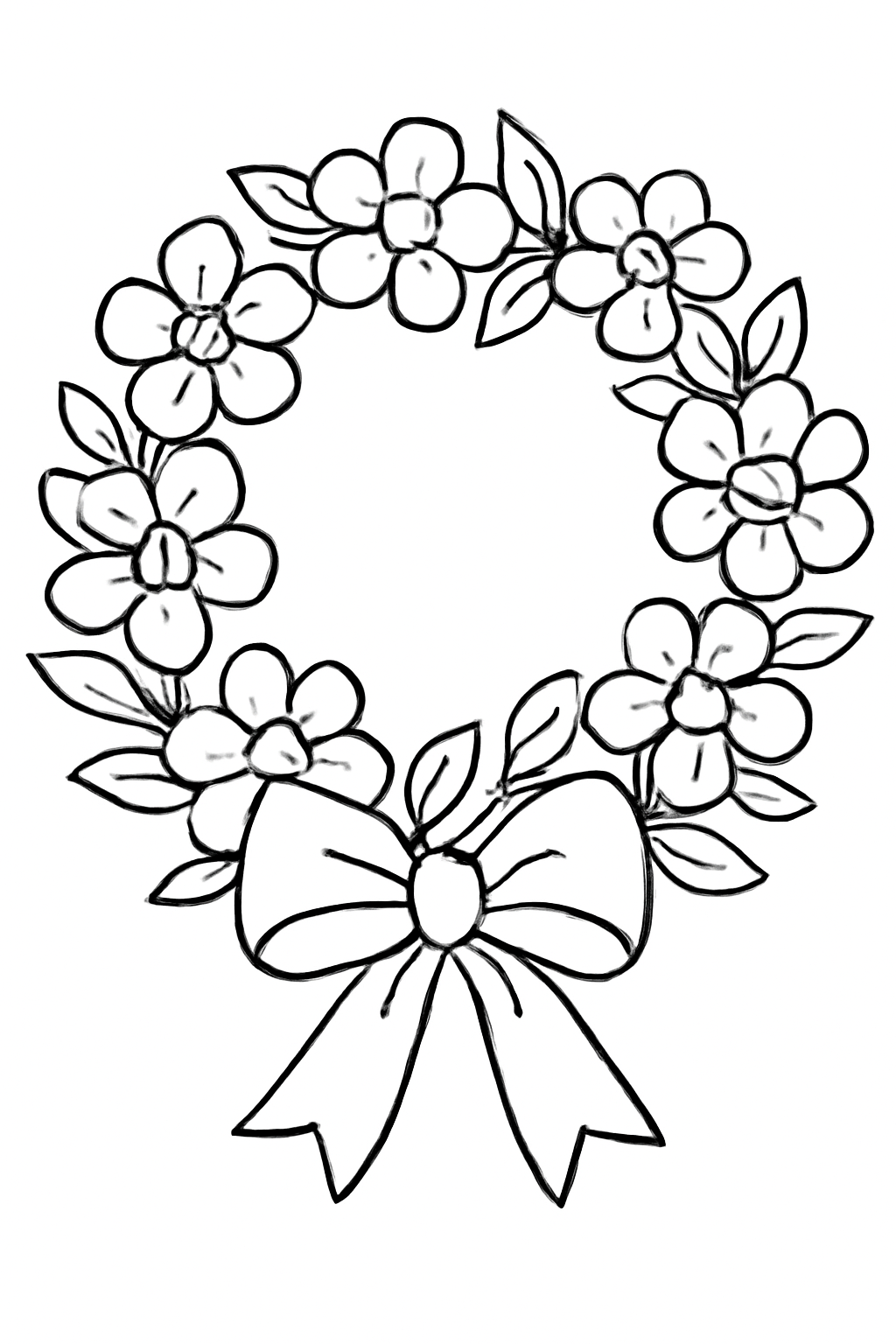 Free printable flower wreath with a bow coloring page for kids