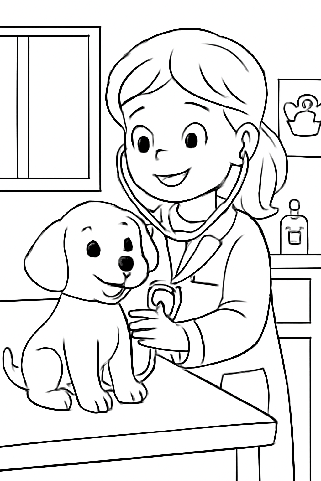 Free printable veterinarian examining a puppy coloring page for kids