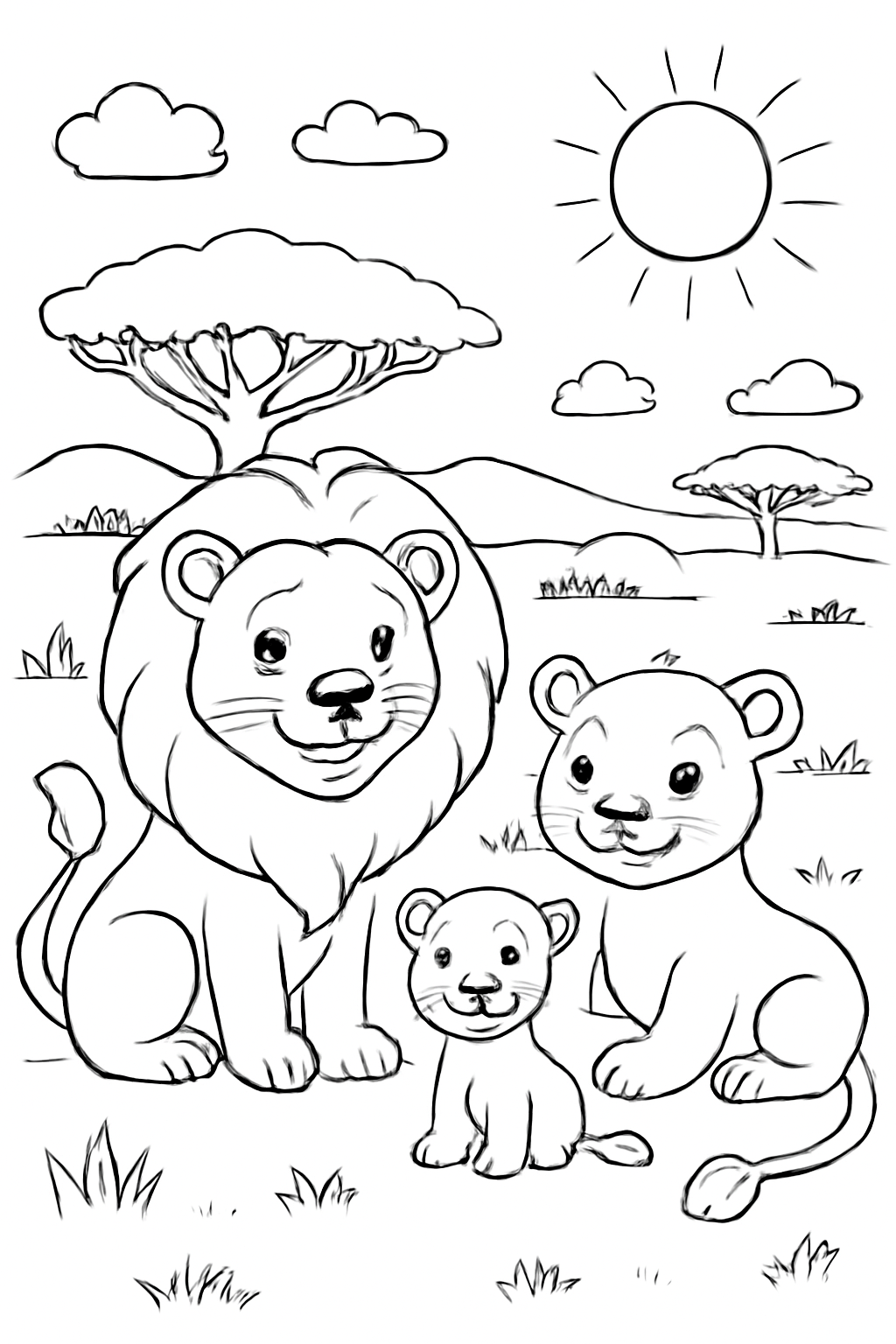 Free printable lion family on the savanna coloring page for kids