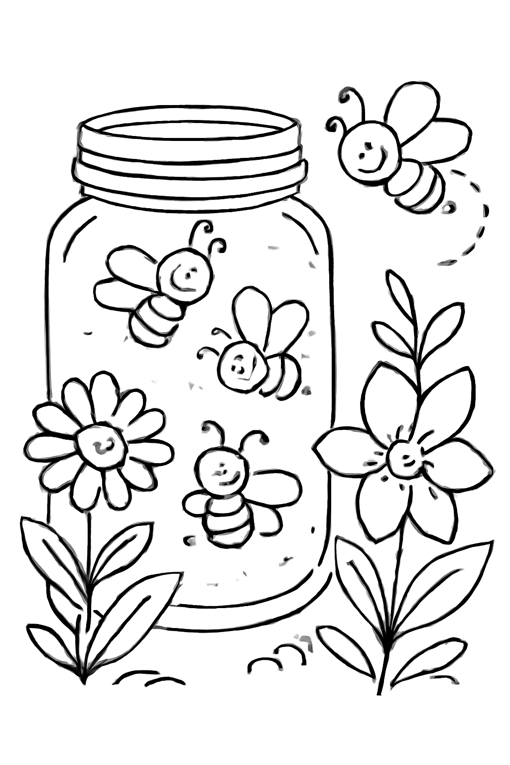 Free printable fireflies glowing in a jar beside flowers coloring page for kids