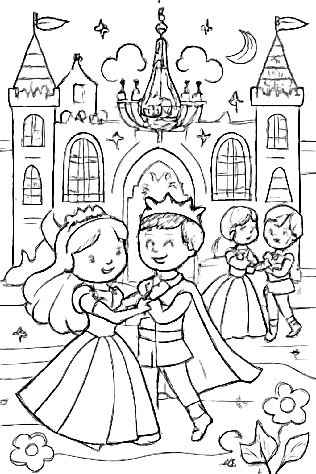 Free printable royal ball in an enchanted castle coloring page for kids