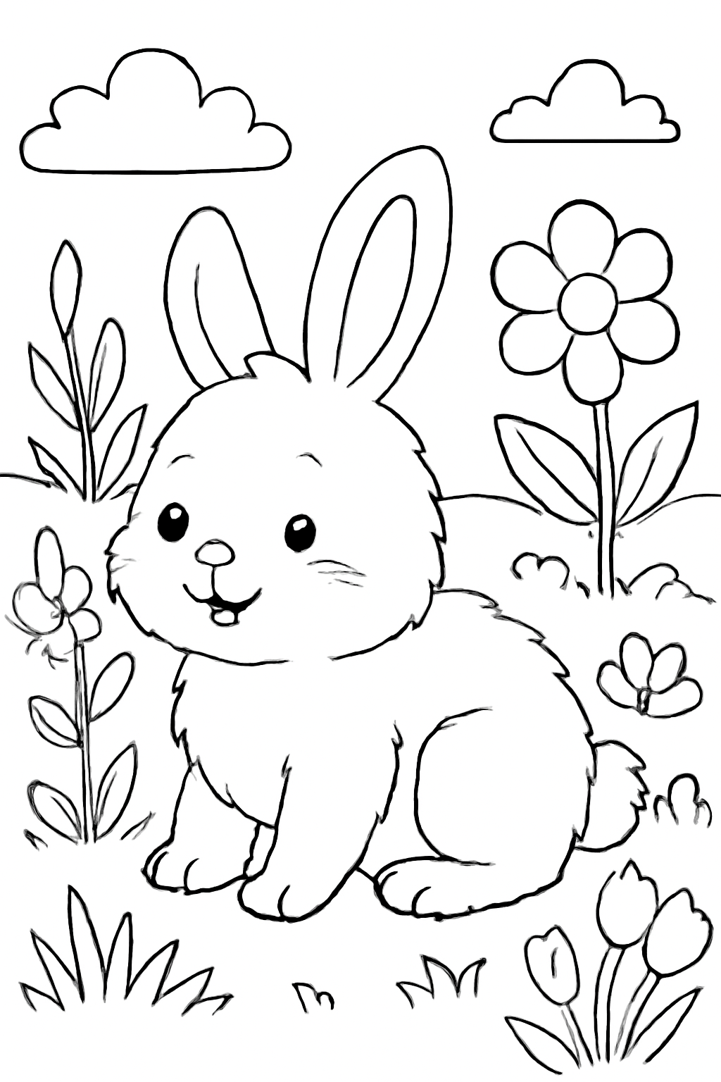 Free printable fluffy rabbit in a garden coloring page for kids