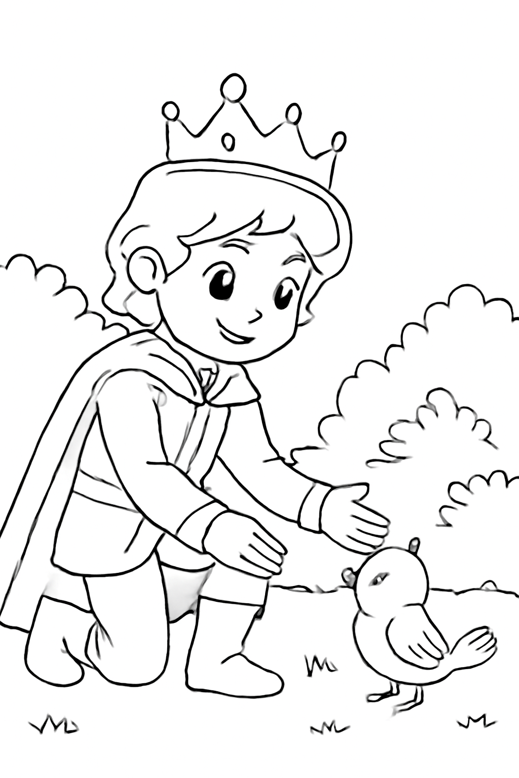 Free printable kind prince helping a lost bird coloring page for kids