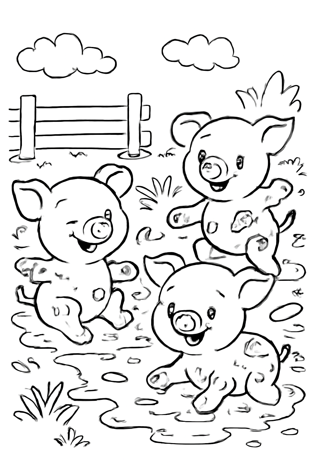 Free printable piglets playing in mud coloring page for kids