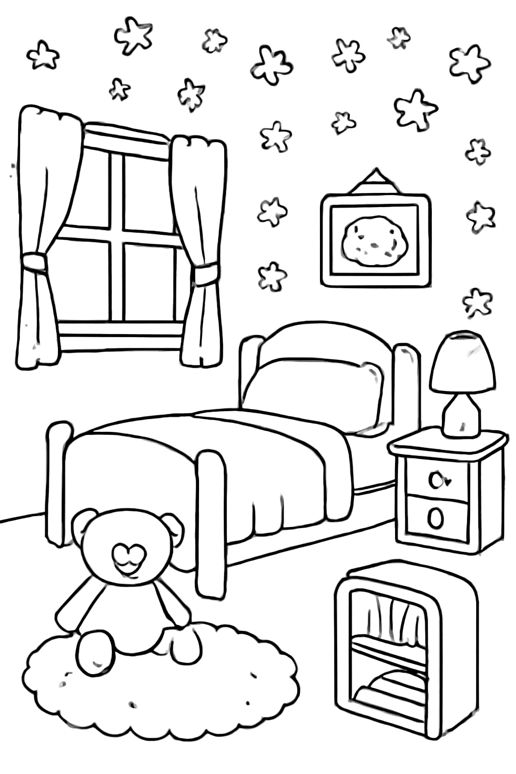 Free printable cozy bedroom with stars on the wall coloring page for kids