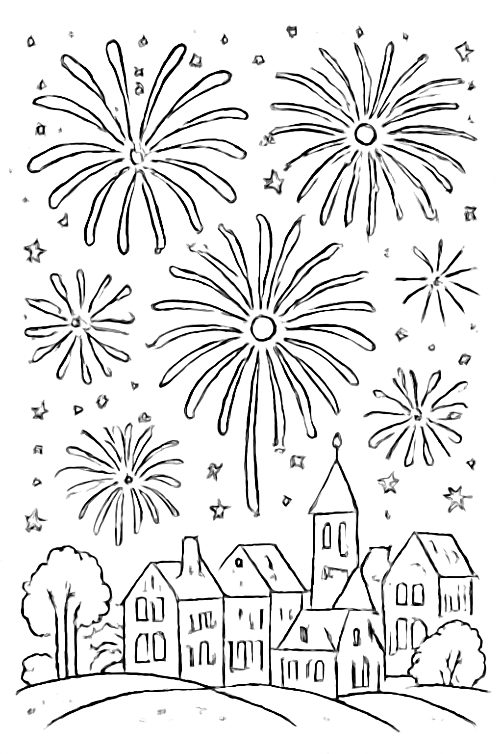 Free printable New Year fireworks over a town coloring page for kids