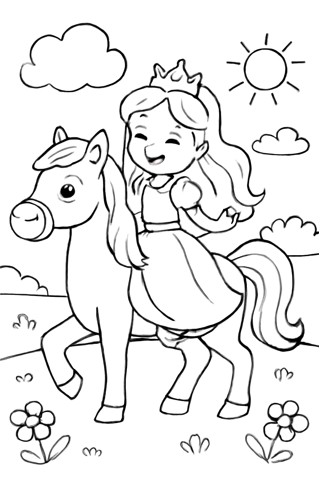 Free printable original princess riding a friendly horse coloring page for kids