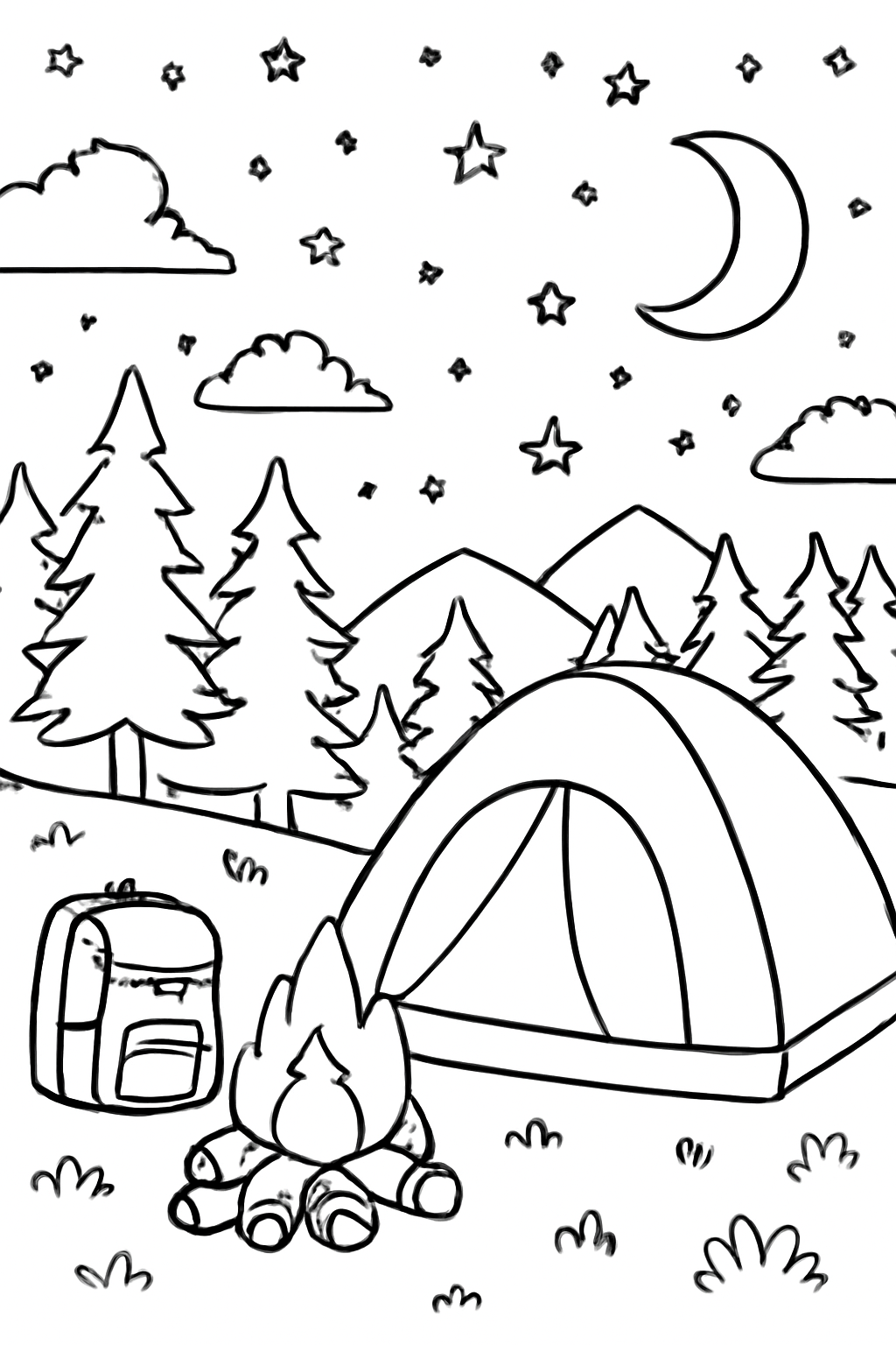 Free printable cozy campsite beneath the stars coloring page for kids