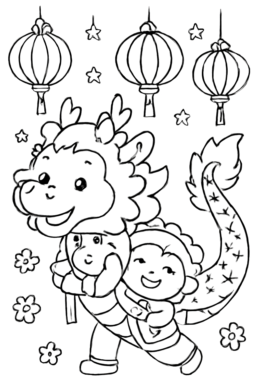 Free printable lunar new year lanterns and friendly dragon dance coloring page for kids