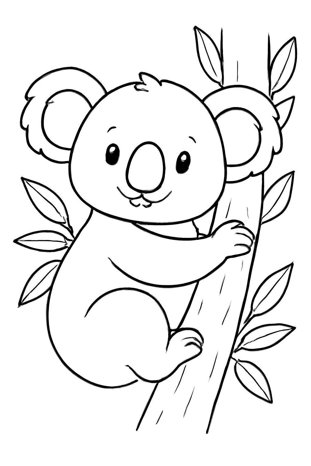 Free printable koala hugging a eucalyptus tree coloring page for kids