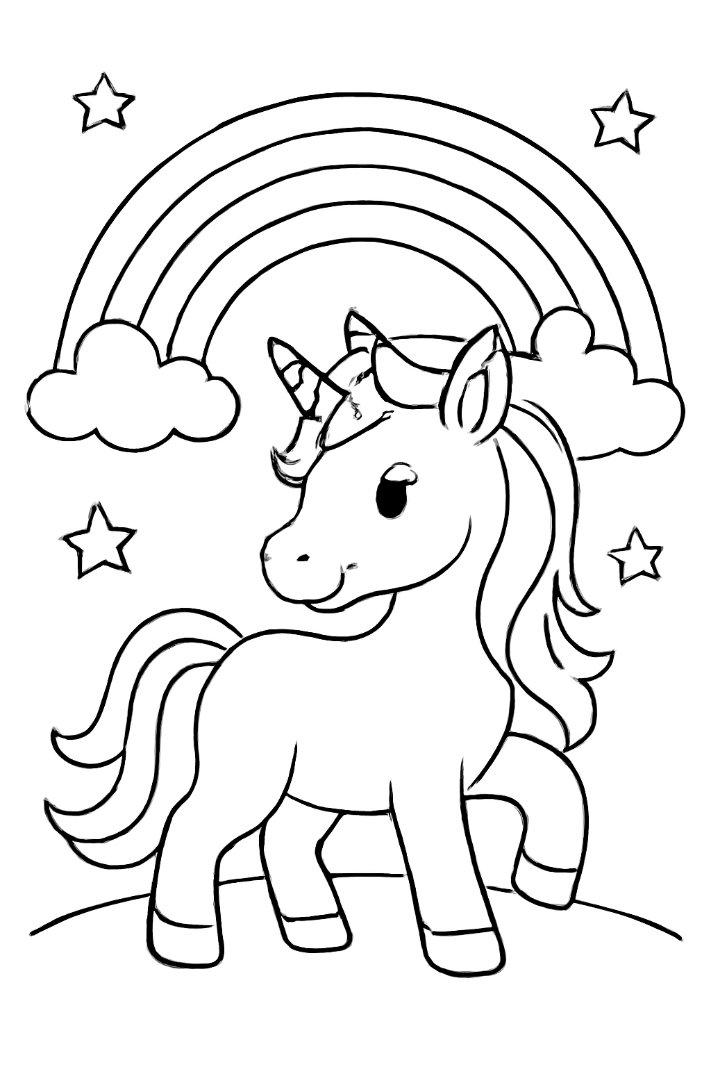 Free printable unicorn beneath a rainbow coloring page for kids