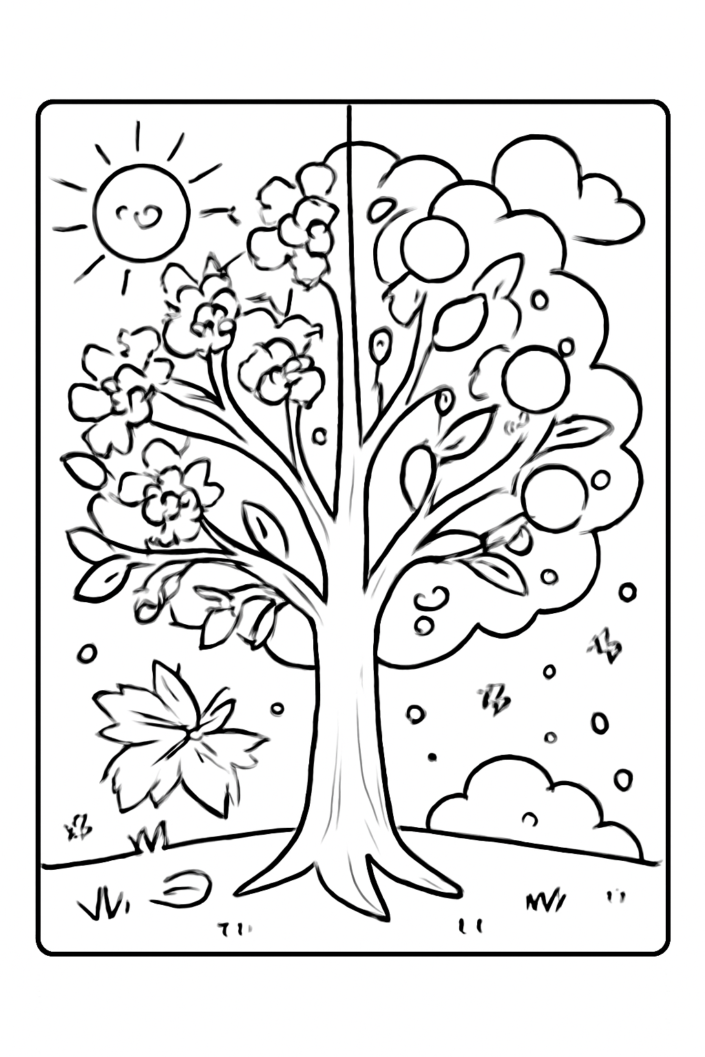 Free printable four seasons shown in one tree coloring page for kids