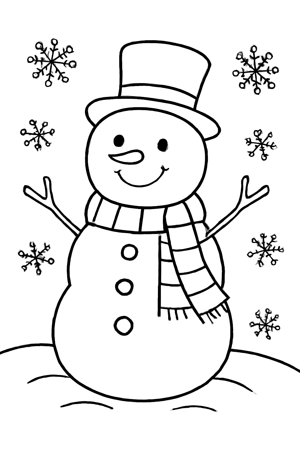 Free printable friendly snowman in a scarf coloring page for kids