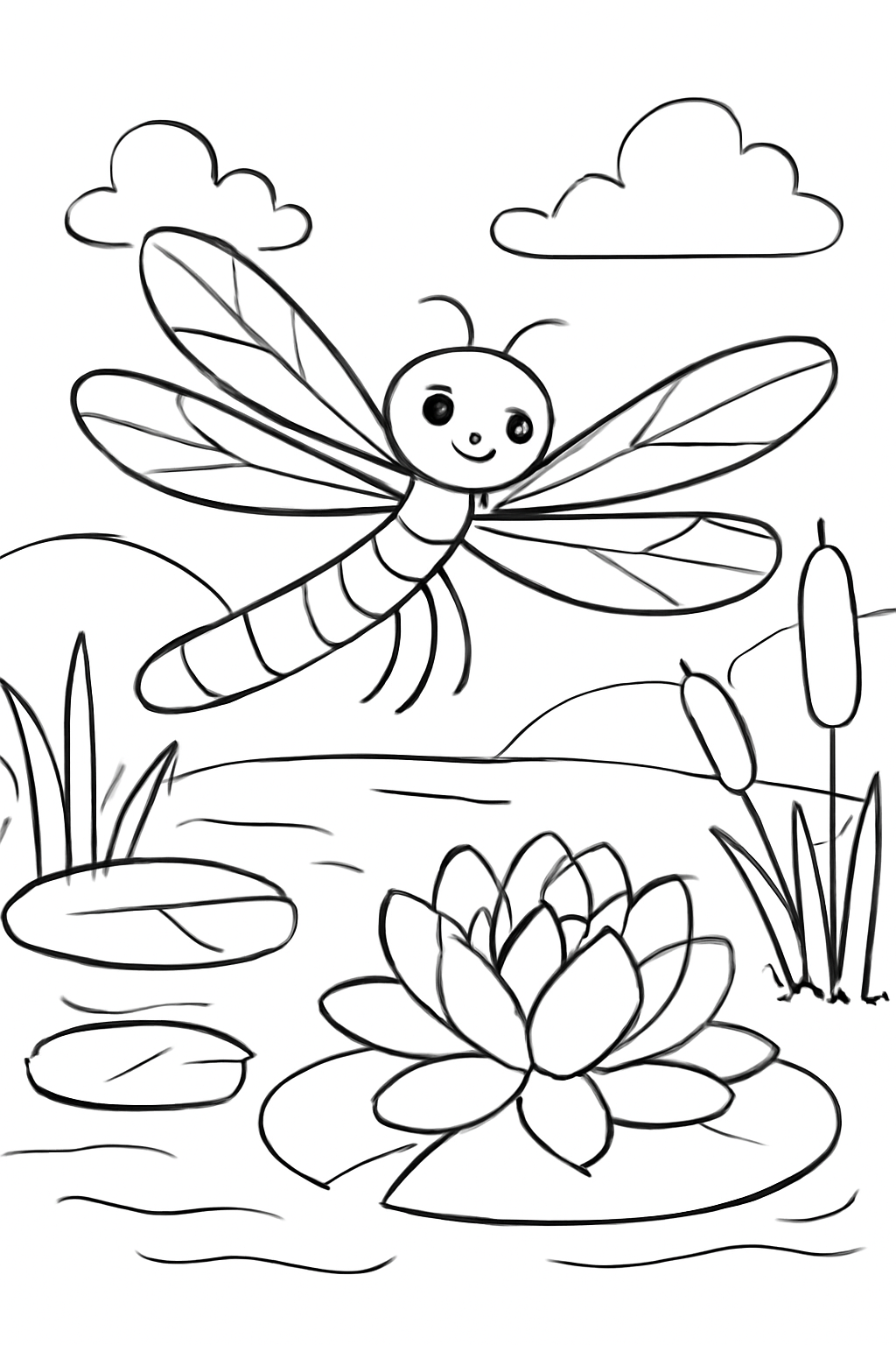 Free printable dragonfly above a lily pond coloring page for kids