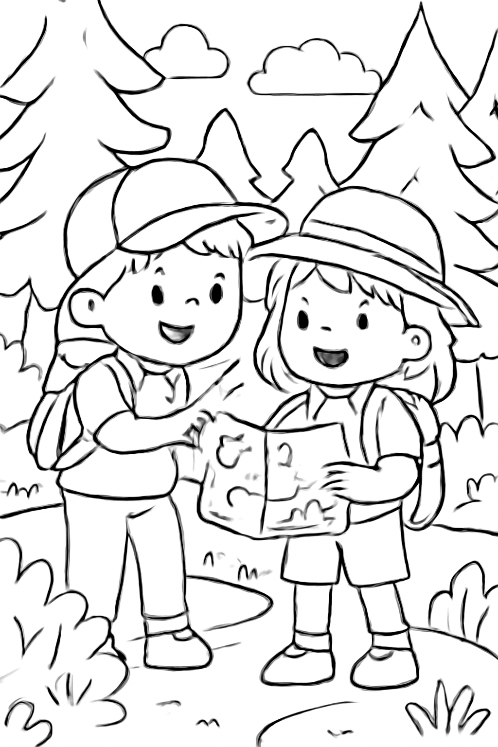 Free printable campers following a forest map coloring page for kids