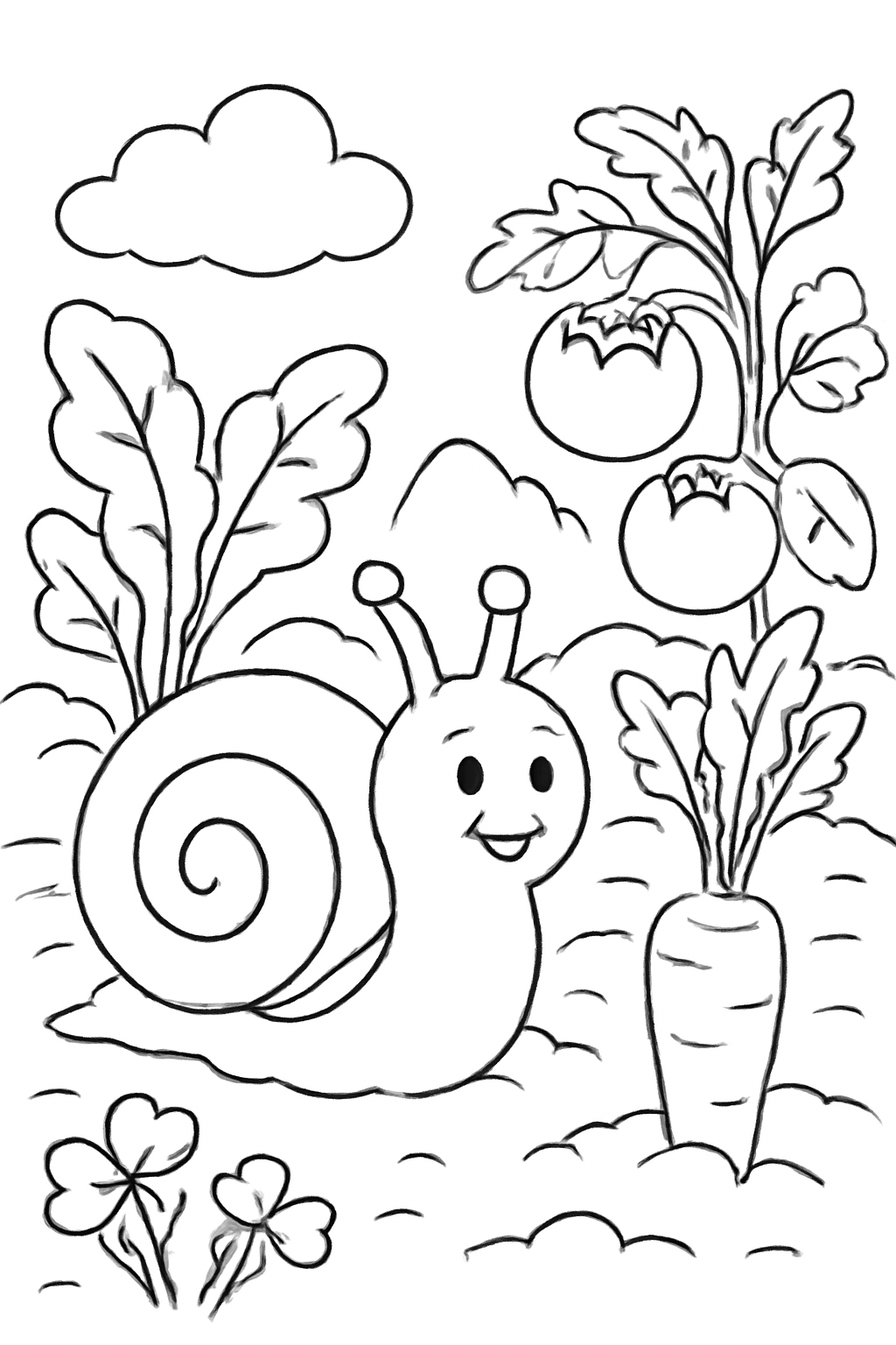Free printable snail exploring a vegetable garden coloring page for kids