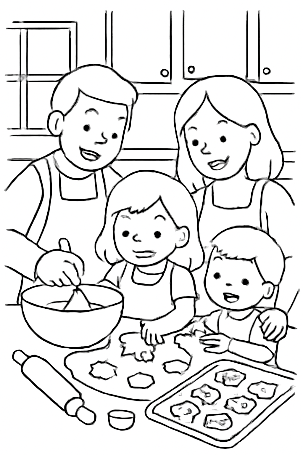 Free printable family baking cookies together coloring page for kids