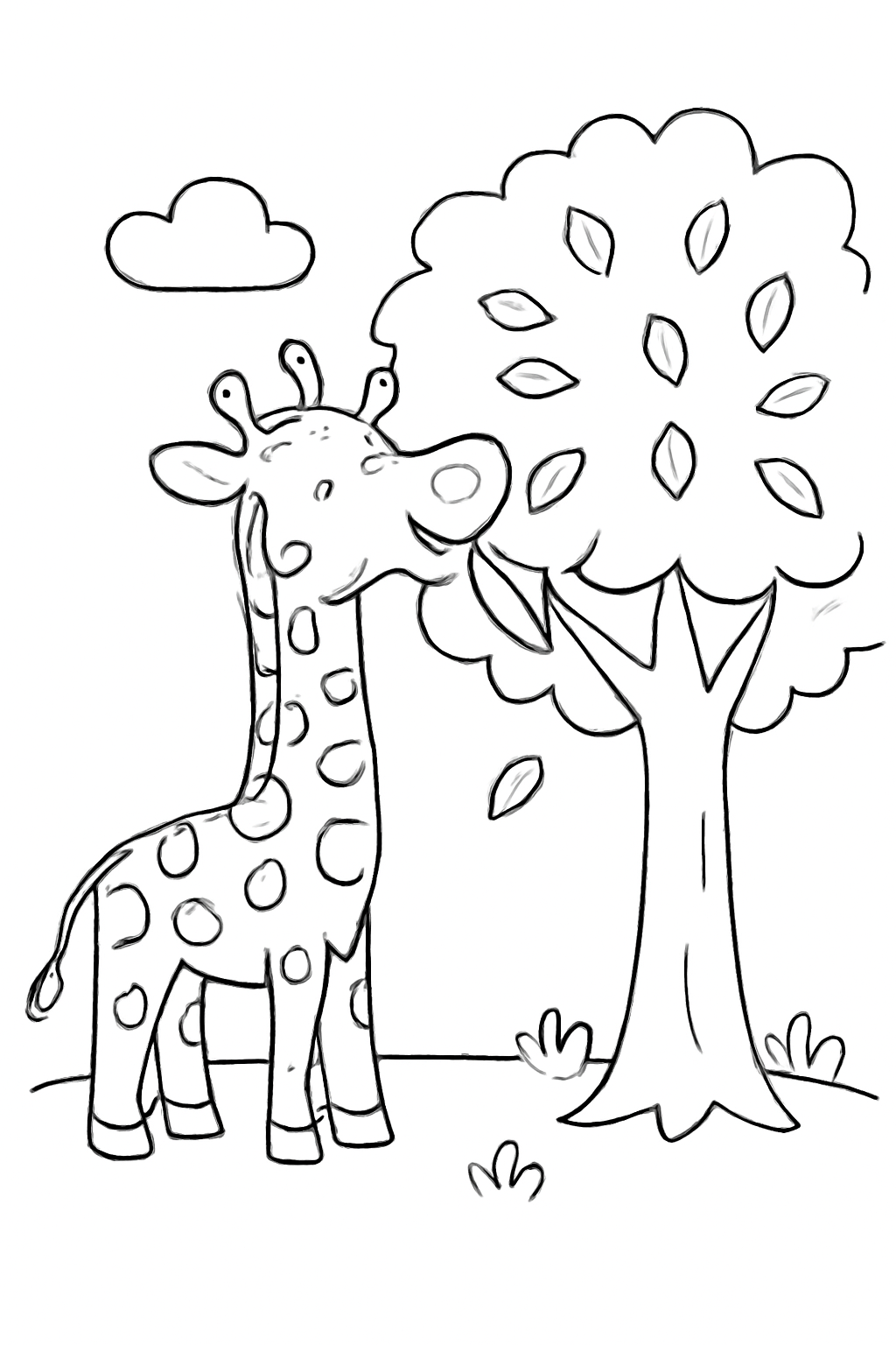 Free printable giraffe eating tree leaves coloring page for kids