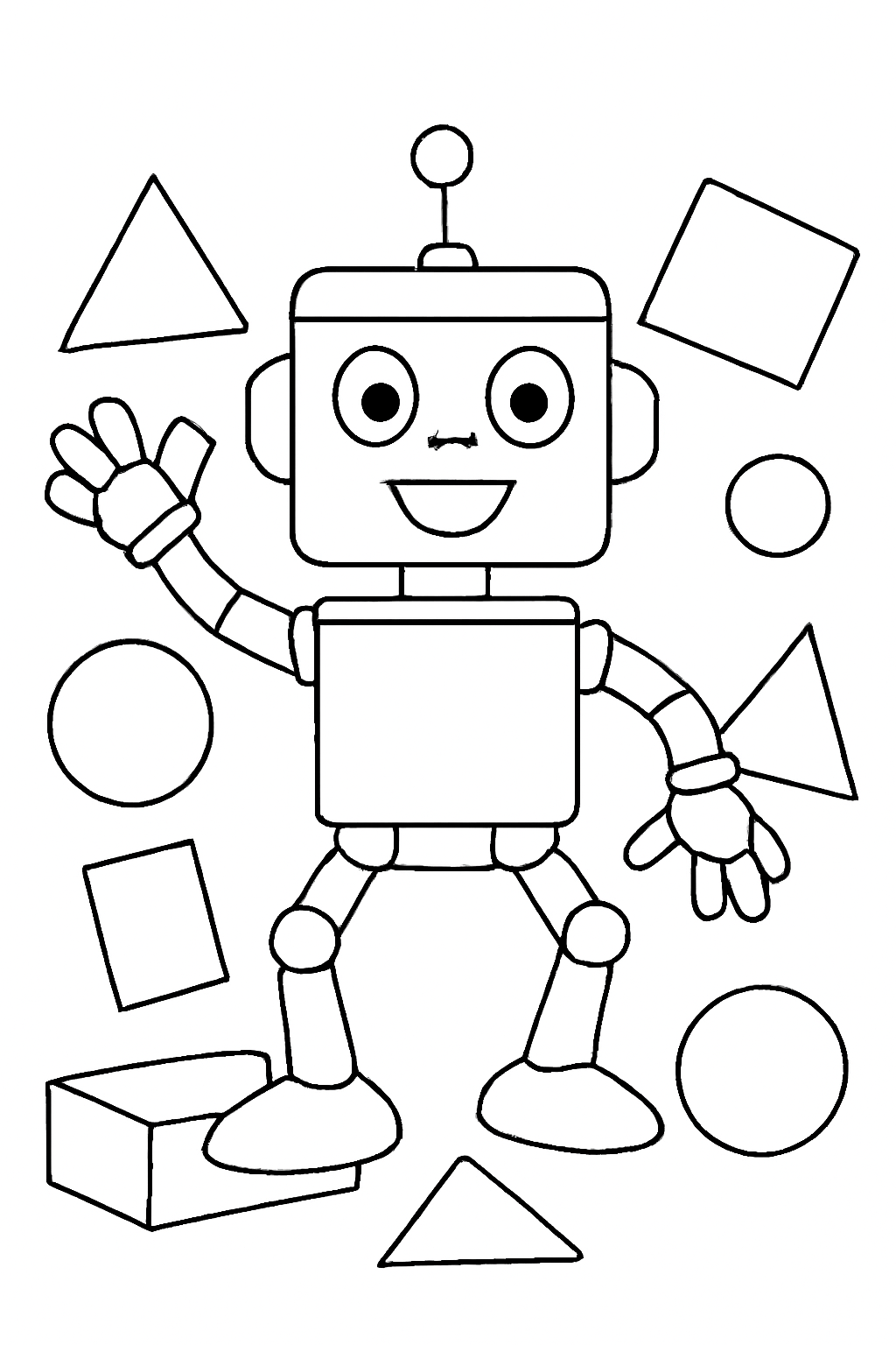 Free printable shapes building a funny robot coloring page for kids