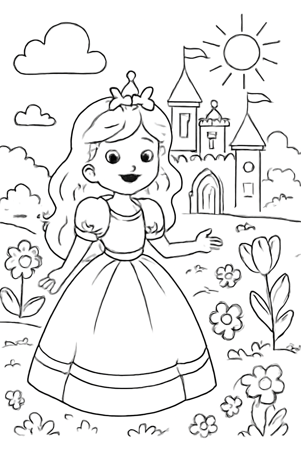 Free printable original princess in a garden castle coloring page for kids