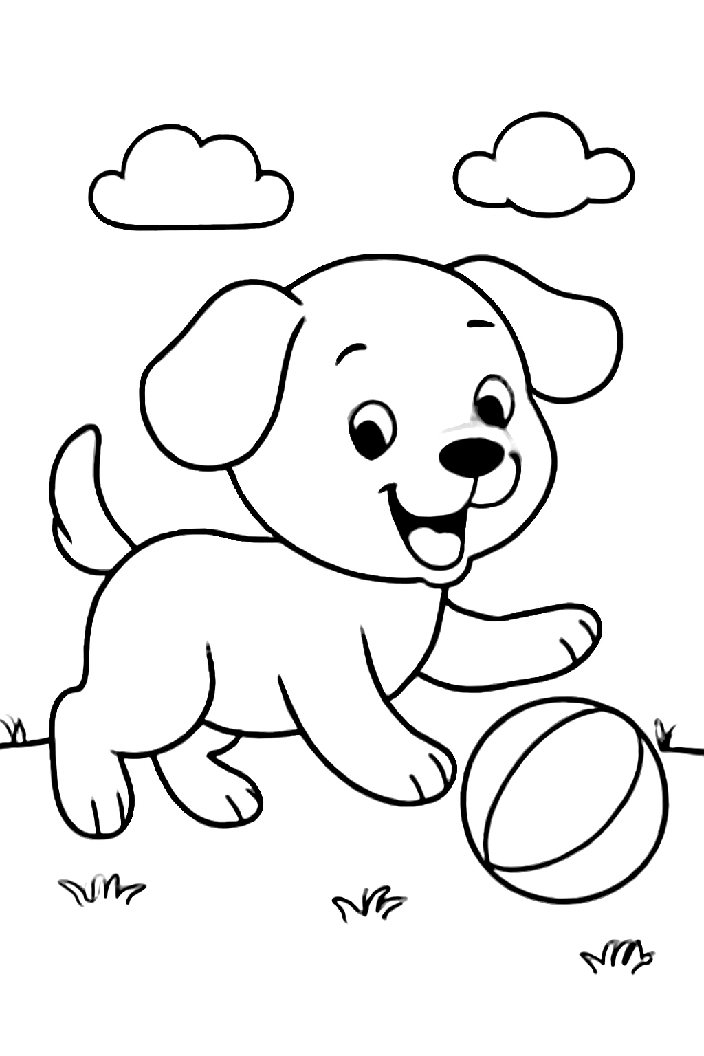 Free printable playful puppy with a ball coloring page for kids