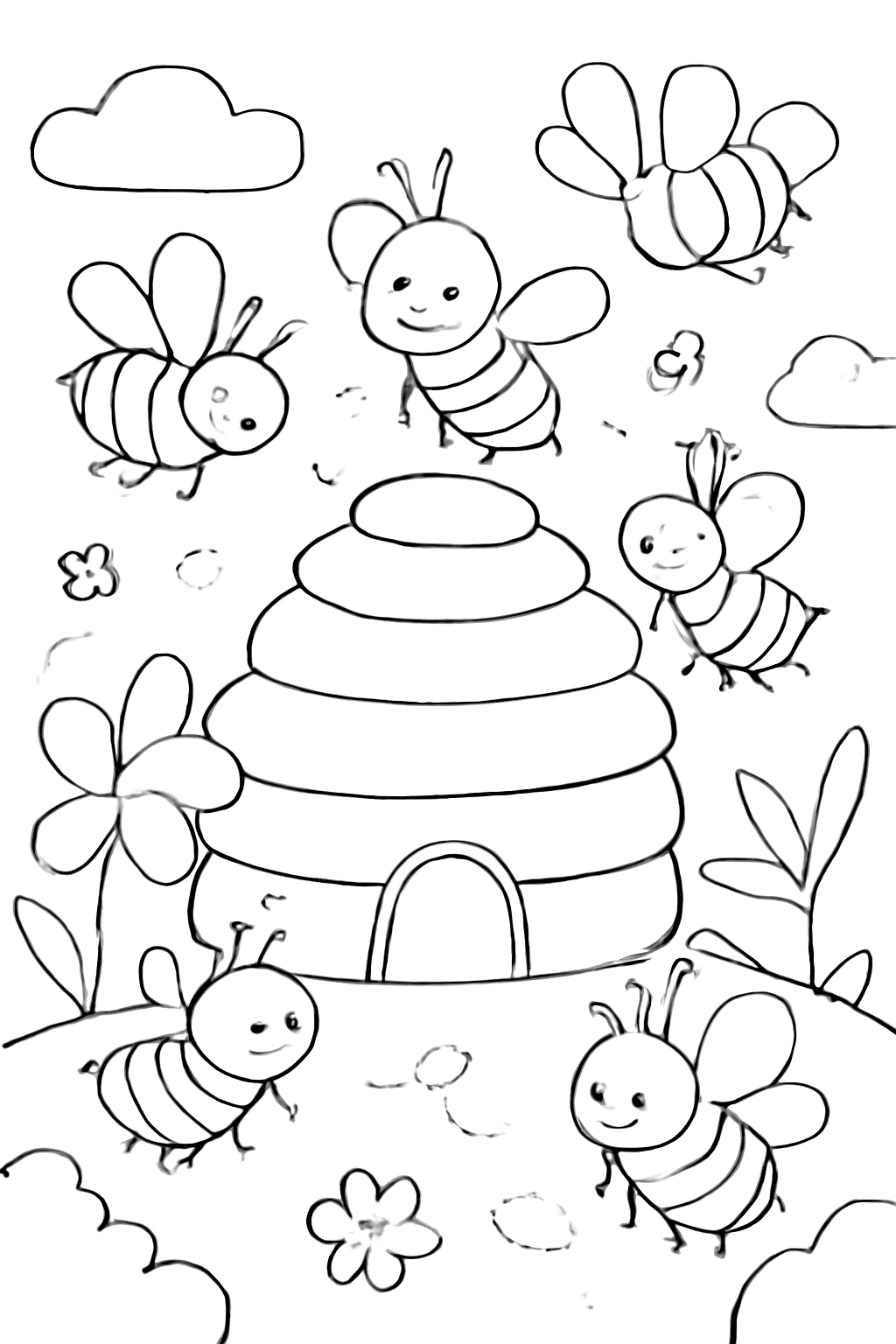 Free printable busy honeybees around a hive coloring page for kids