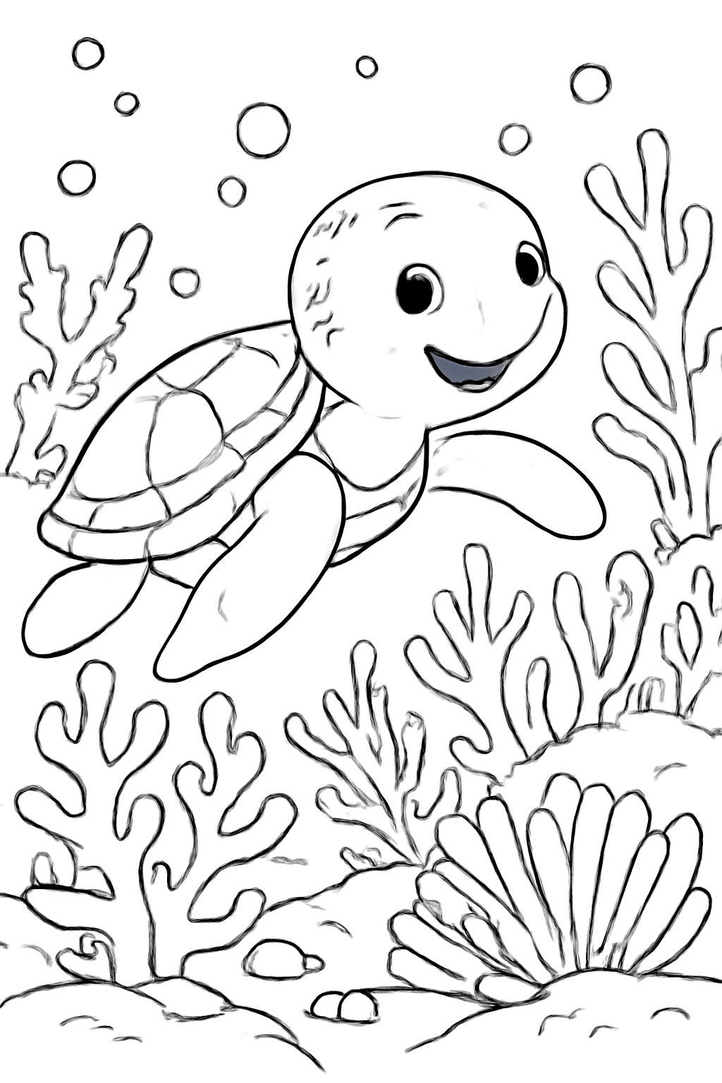 Free printable sea turtle swimming through coral coloring page for kids