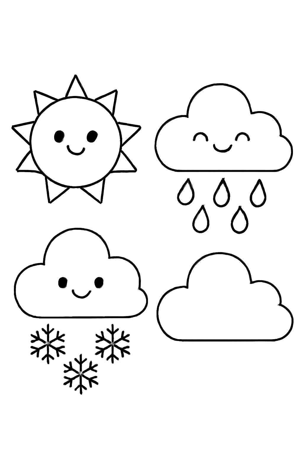 Free printable weather symbols sun clouds rain and snow coloring page for kids
