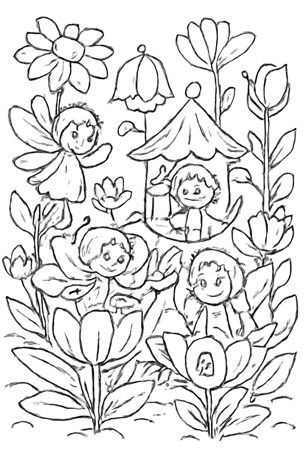 Free printable tiny fairy village inside flowers coloring page for kids