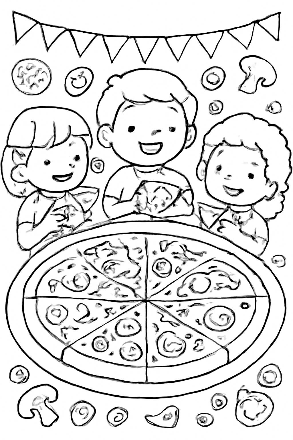Free printable pizza party with many toppings coloring page for kids