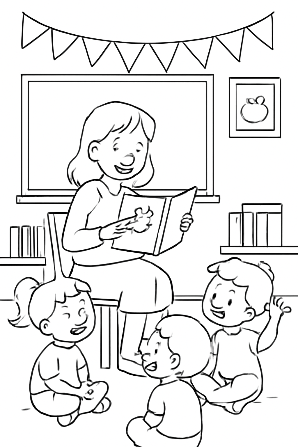 Free printable teacher reading to a class coloring page for kids