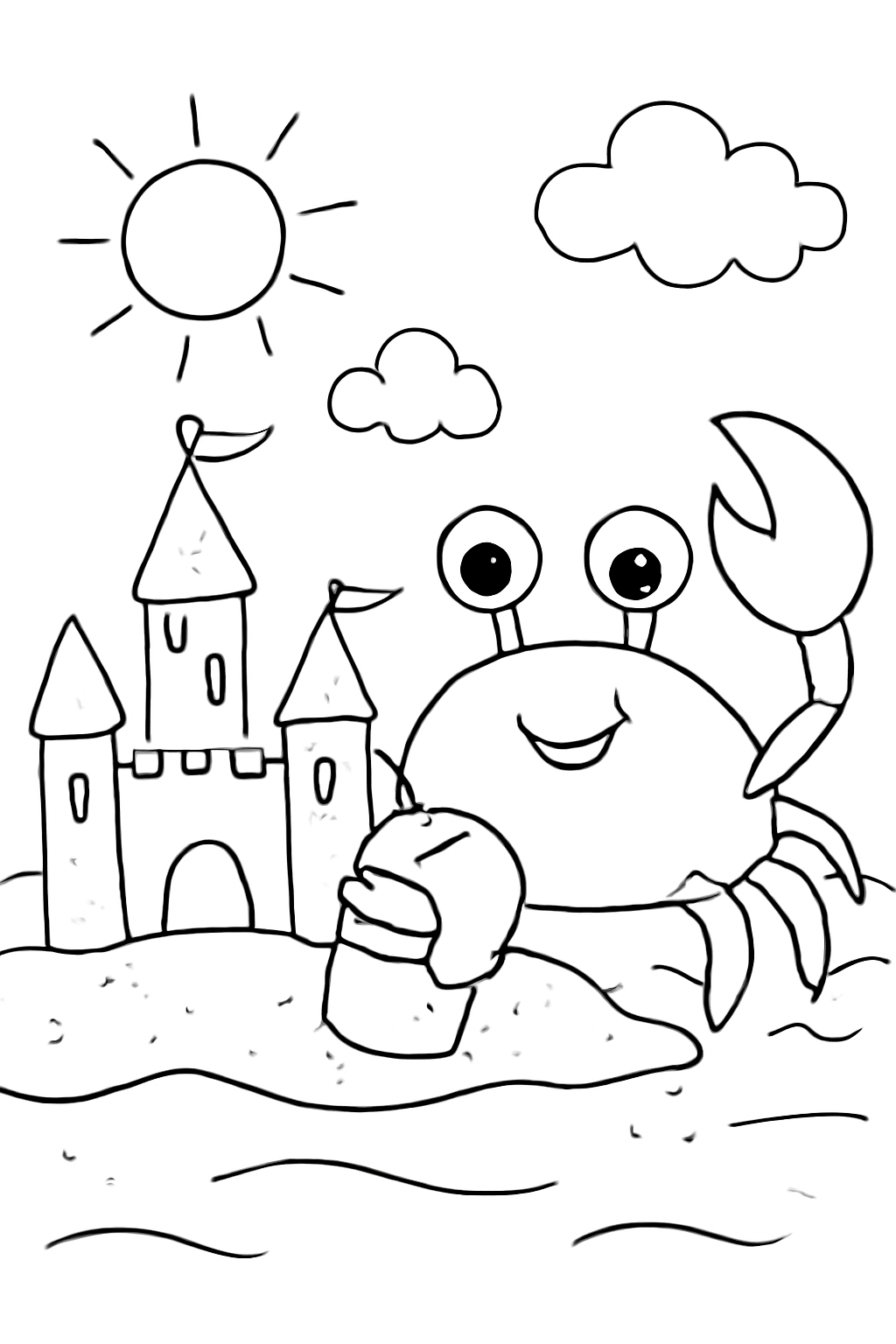 Free printable crab building a sandcastle coloring page for kids