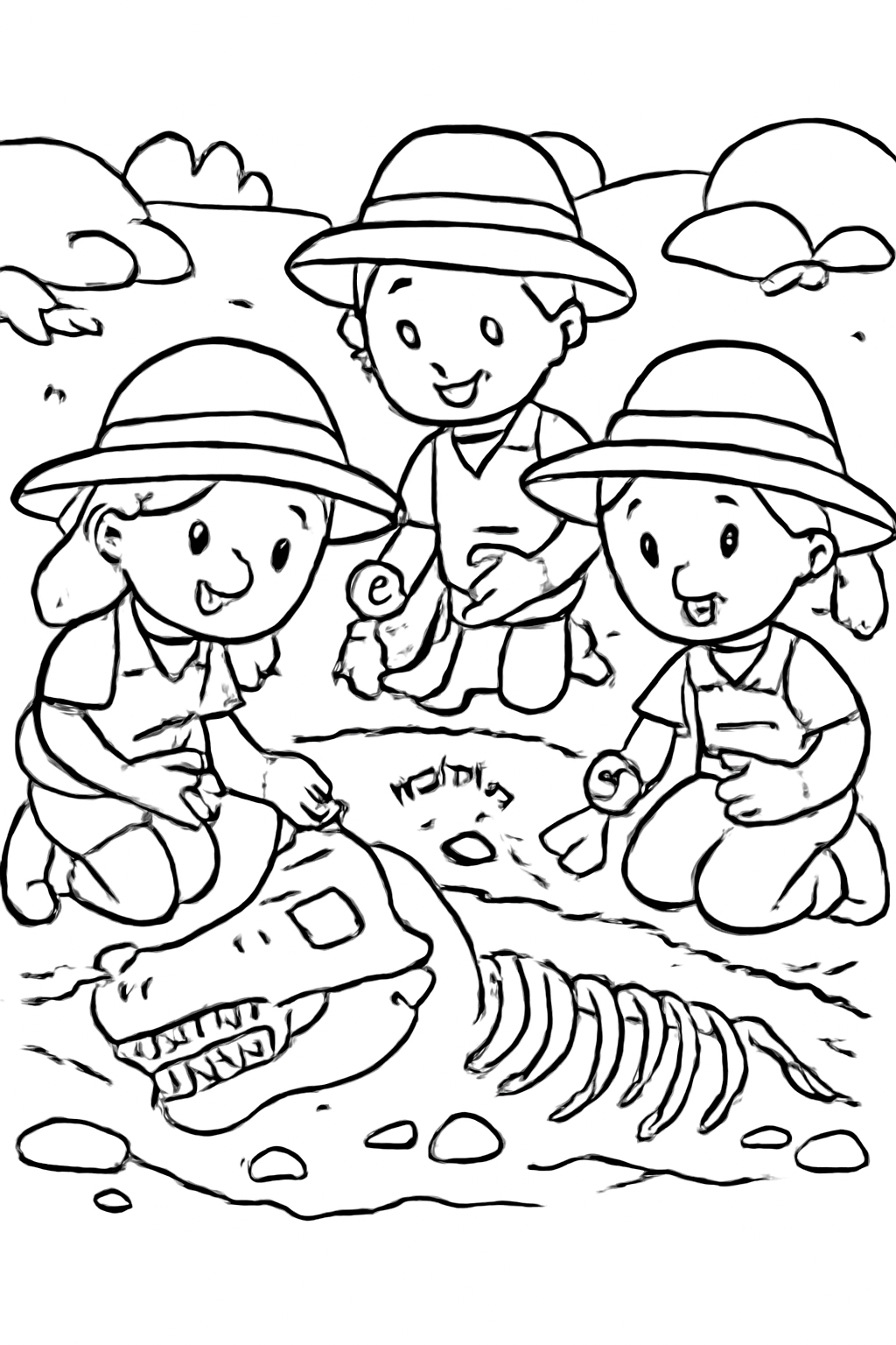 Free printable young archaeologists discovering fossils coloring page for kids