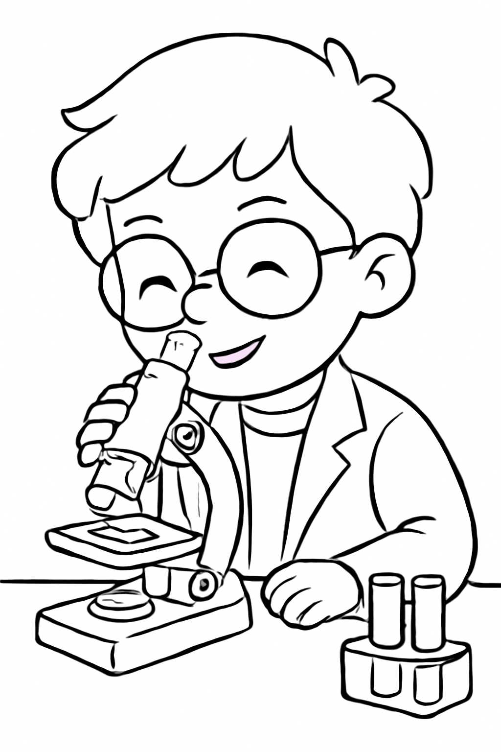Free printable scientist looking through a microscope coloring page for kids