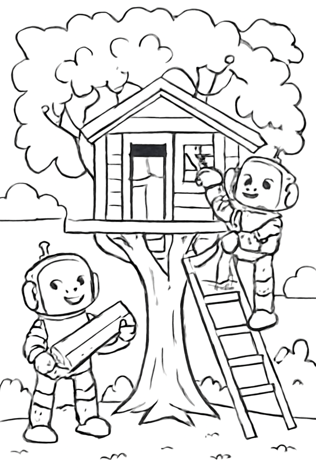 Free printable friendly robots building a treehouse coloring page for kids