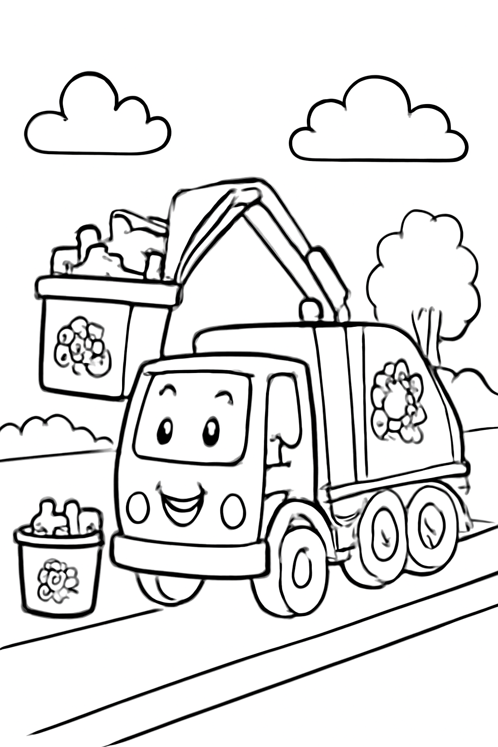 Free printable garbage truck collecting recycling coloring page for kids