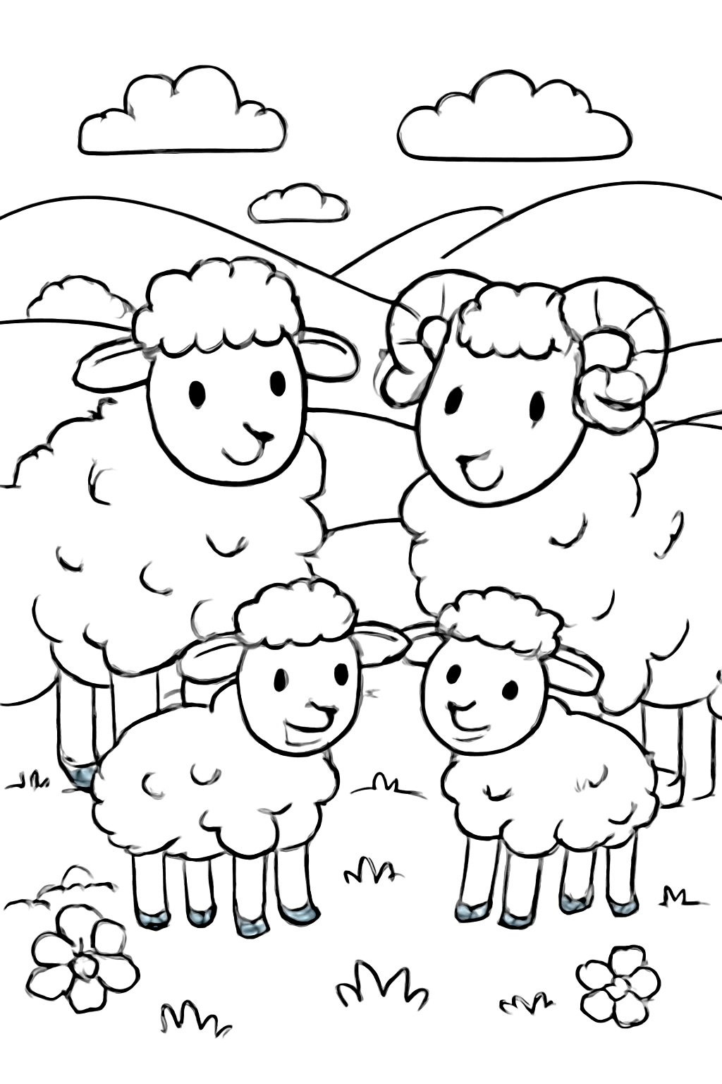 Free printable sheep family on rolling hills coloring page for kids