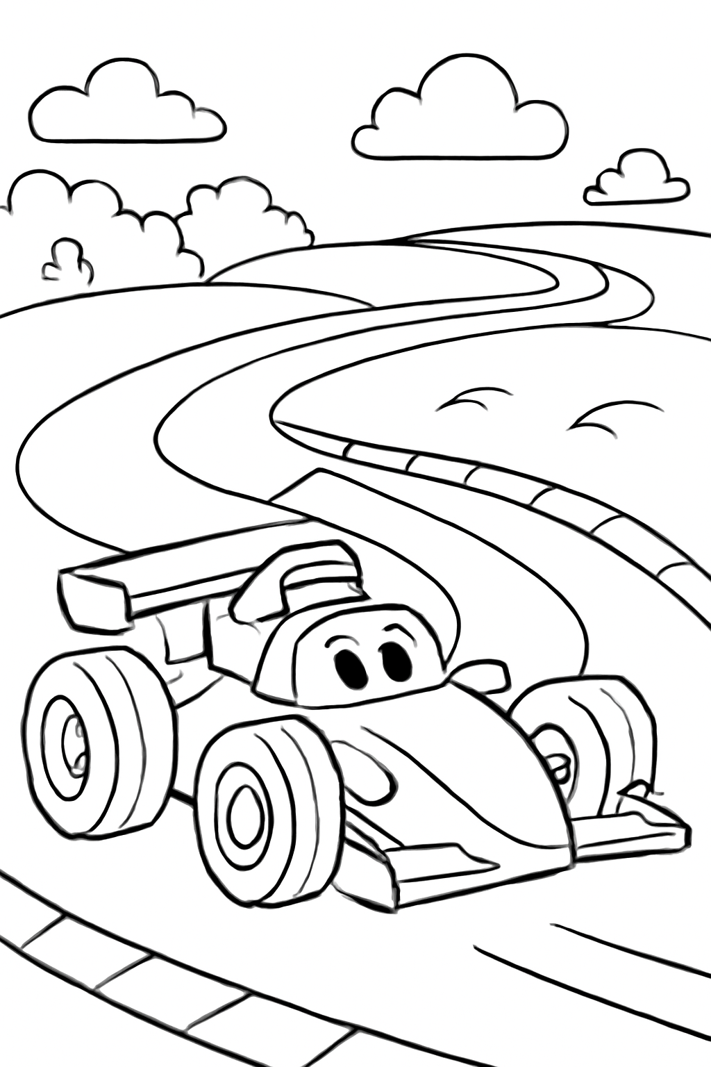 Free printable race car on a winding track coloring page for kids