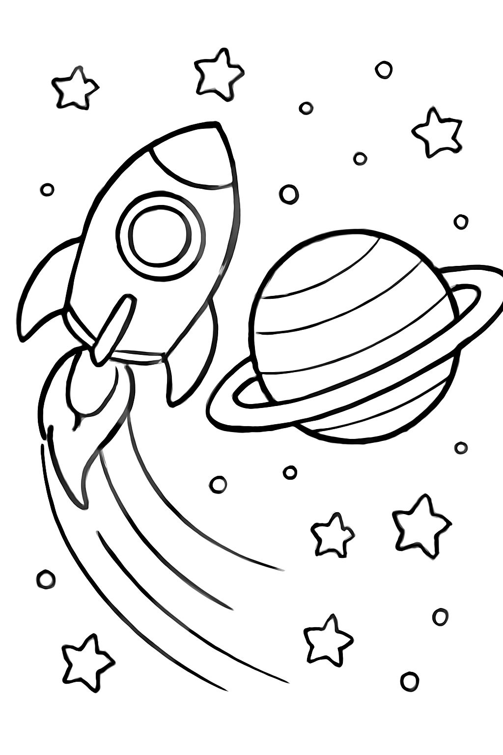 Free printable rocket visiting a ringed planet coloring page for kids