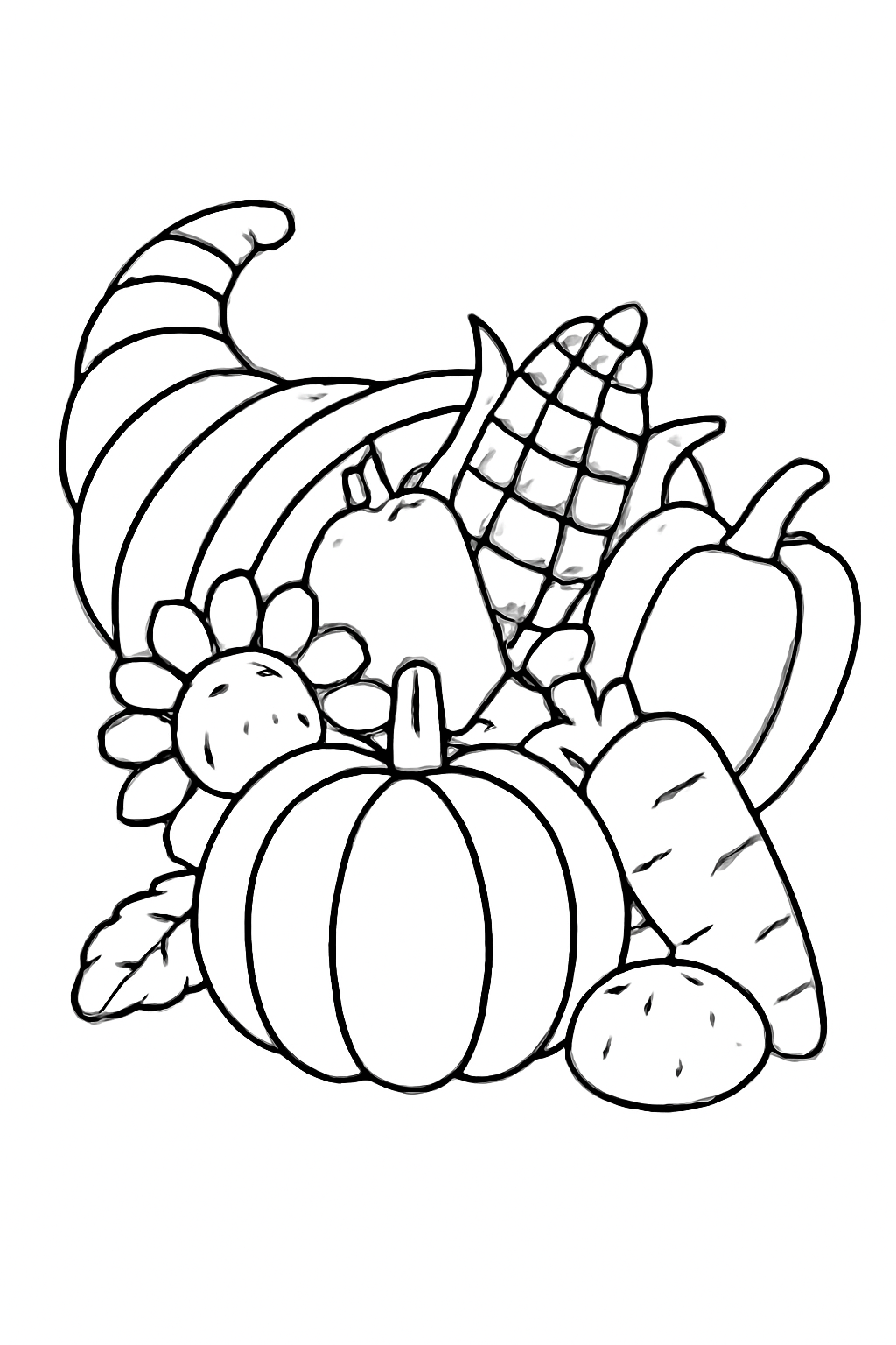 Free printable Thanksgiving cornucopia of vegetables coloring page for kids