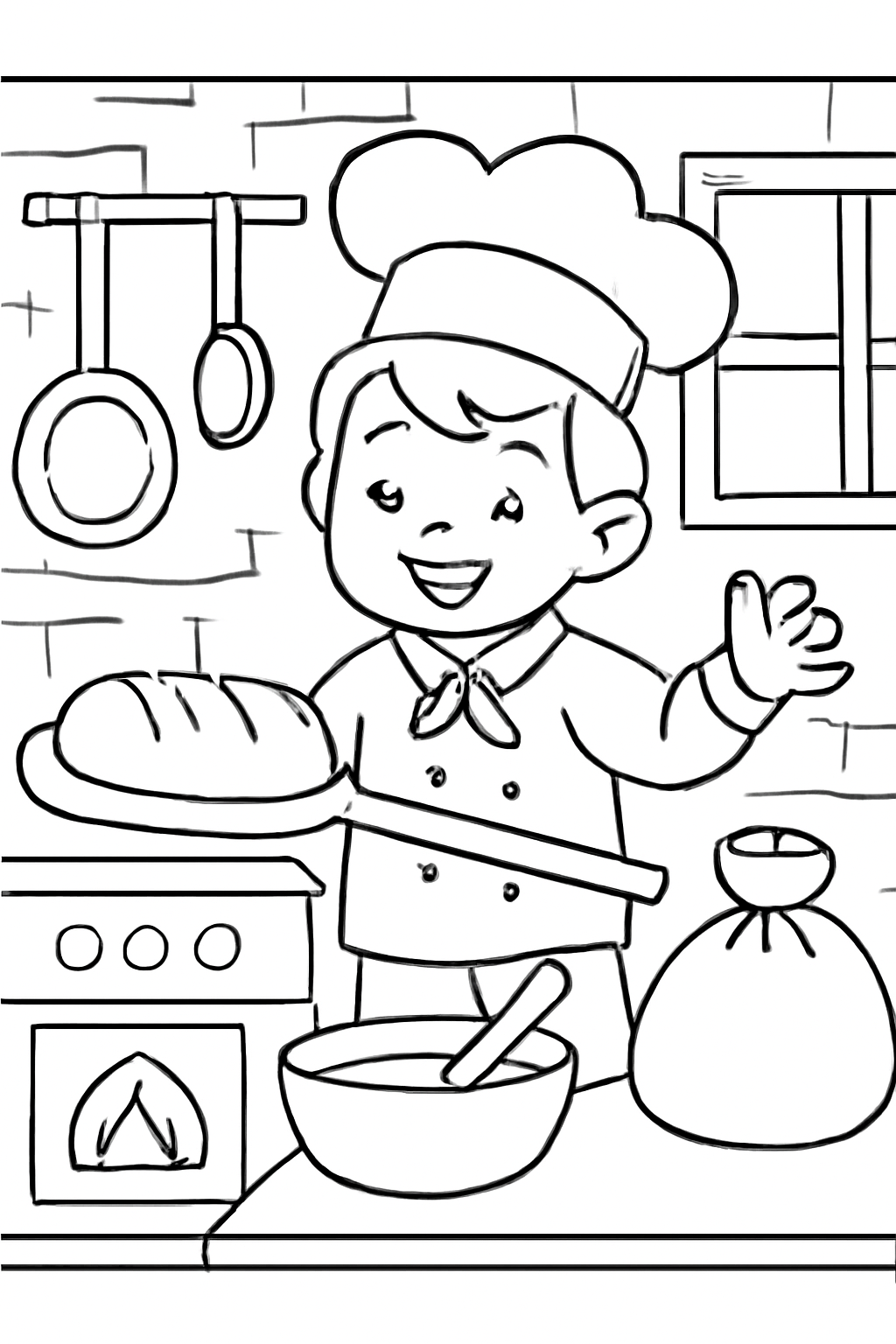 Free printable chef baking bread in a kitchen coloring page for kids