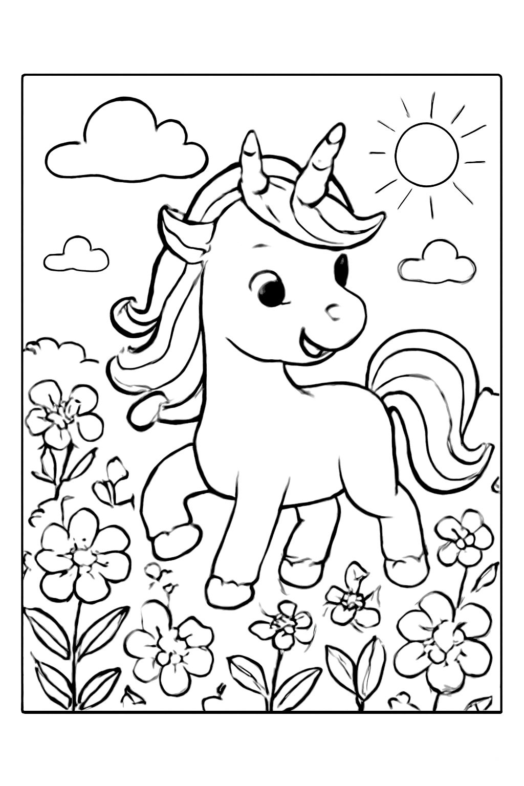 Free printable unicorn in a flower meadow coloring page for kids