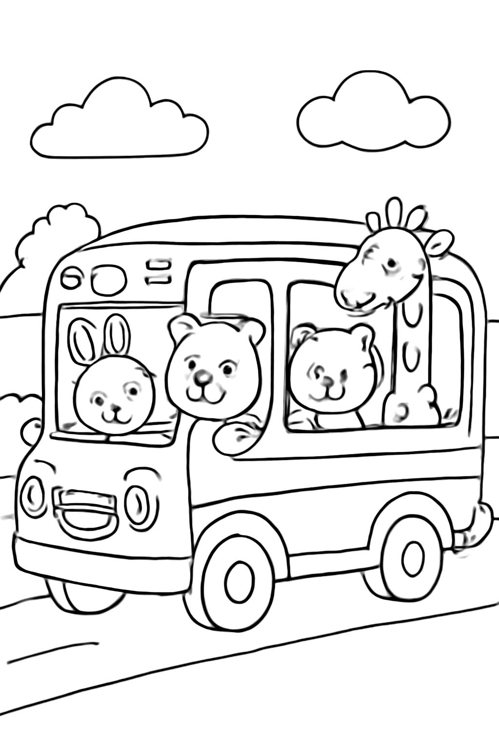 Free printable school bus with happy animal passengers coloring page for kids