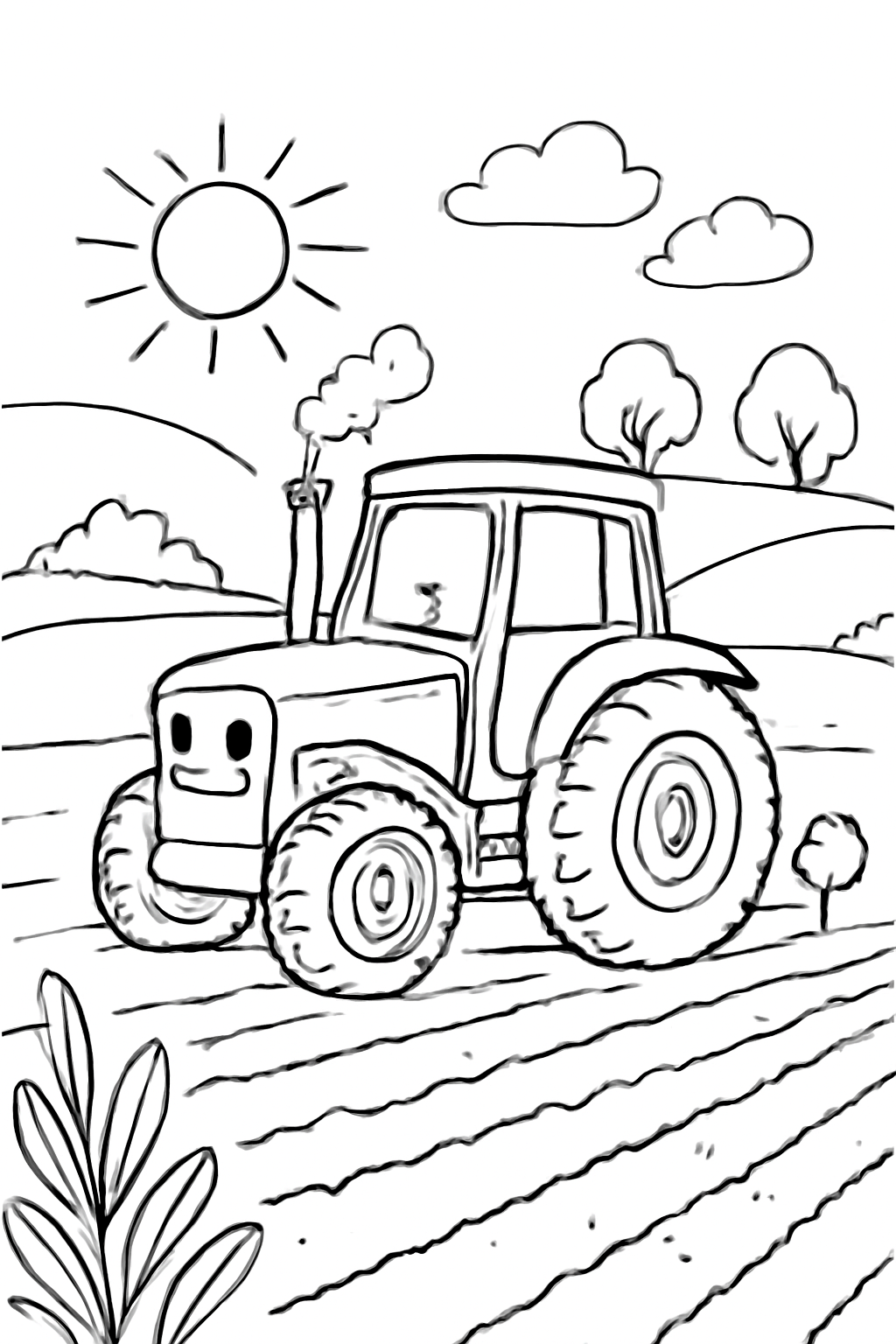 Free printable tractor plowing a farm field coloring page for kids