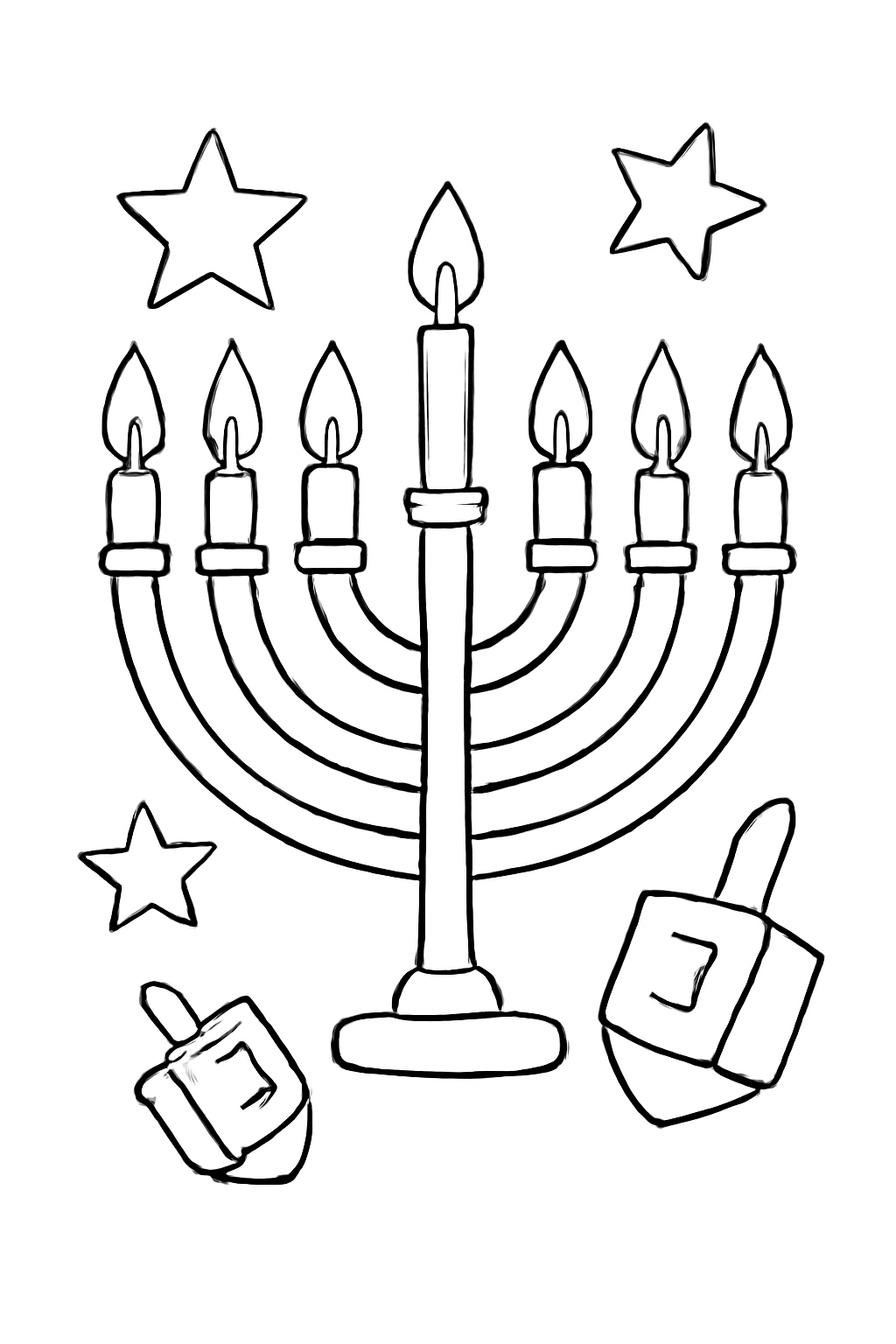 Free printable menorah with stars and dreidels coloring page for kids
